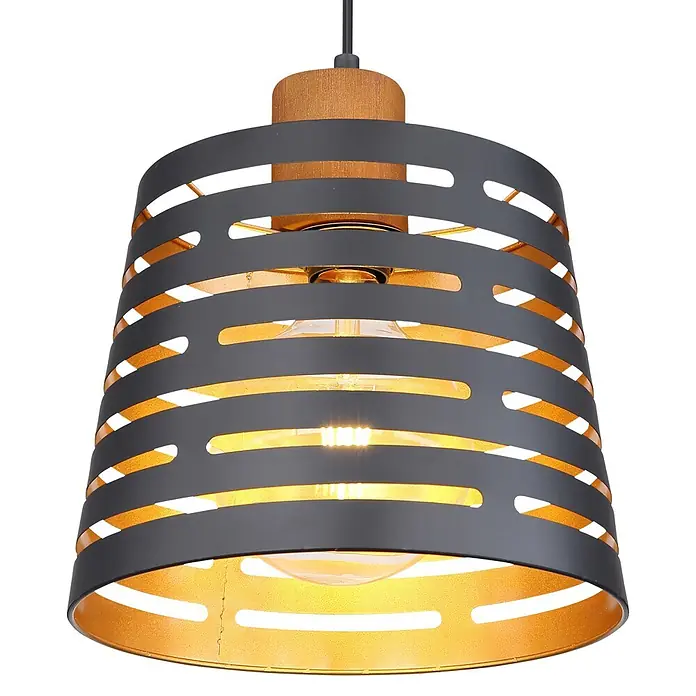 Globo Pendelleuchte Ablona 120 x 25 cm - 60 W, Schwarz, Gold, E27 - Schwarze Metall-Pendelleuchte mit goldenem Inneren, Holzdetails und leuchtender Birne.