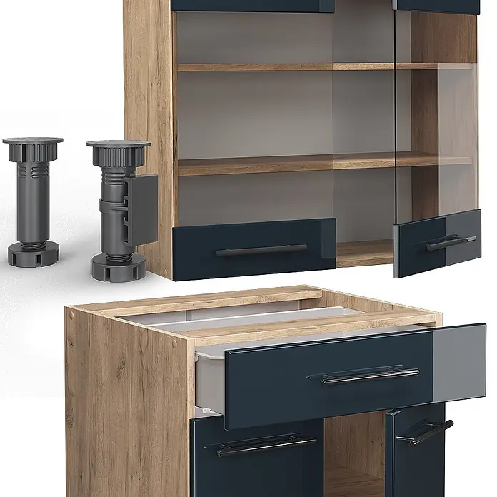 Vicco Singleküche Fame-Line Dunkelblau Hochglanz/Goldkraft Eiche ohne Arbeitsplatte - Breite: 140 cm, Dunkelblau Hochglanz, Ohne AP - Modulares Schrankelement mit Holzoptik-Korpus, blauen Hochglanzfronten, Glastüren und verstellbaren Füßen, zeigt Innenfächer und Schublade.