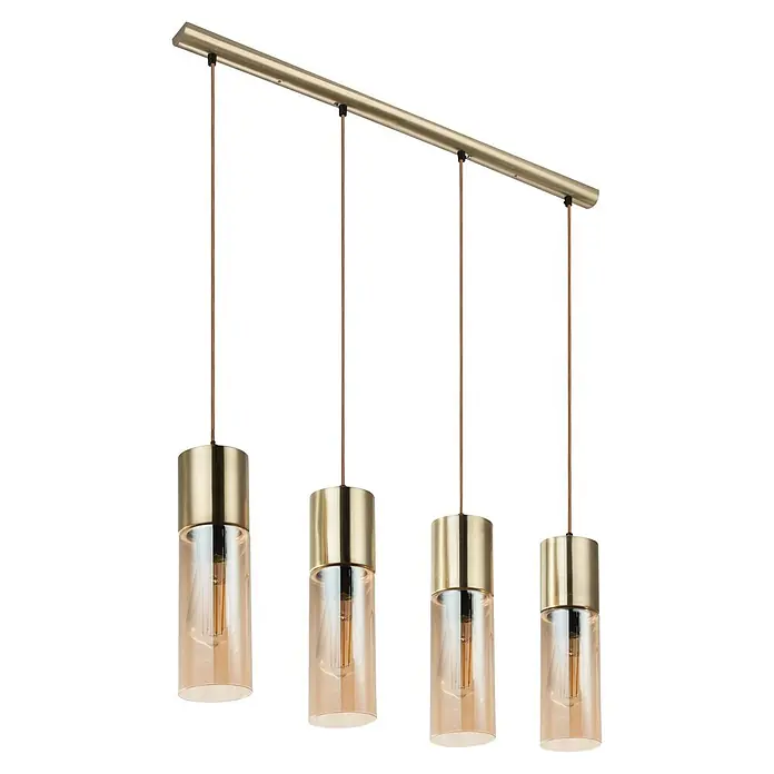 Globo Annika Pendelleuchte - 25 W, E27 - Goldfarbene 4-flammige lineare Pendelleuchte mit braunen Textilkabeln und zylindrischen bernsteinfarbenen Glasschirmen mit Glühfadenlampen.