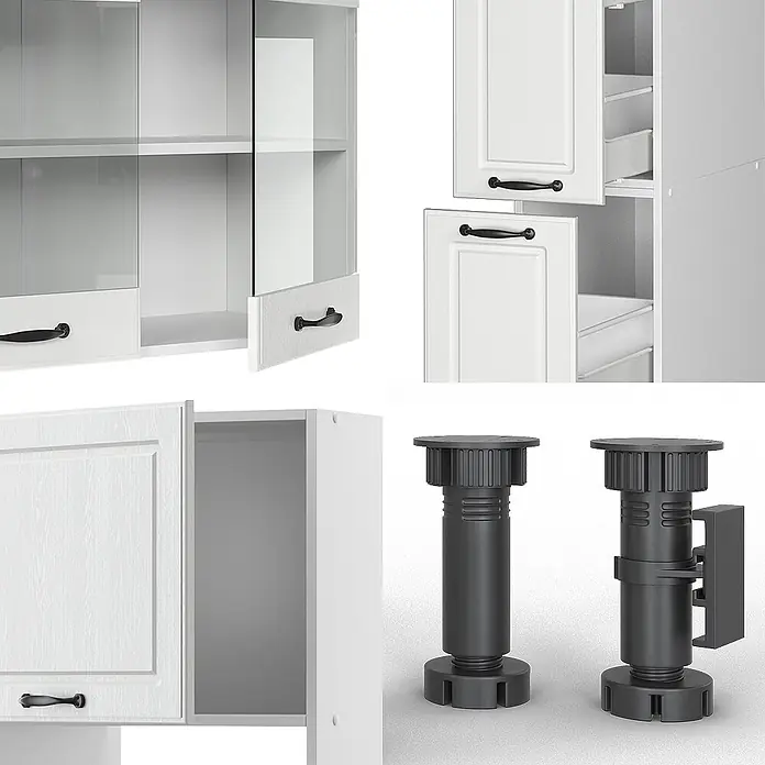 Vicco Küchenzeile R-Line Weiß Landhaus/Weiß mit Hochschrank, AP Eiche - Weiß Landhaus, Ohne Elektrogeräte - Weiße Küchenschrankkomponenten mit schwarzen Griffen und schwarzen verstellbaren Möbelfüßen.