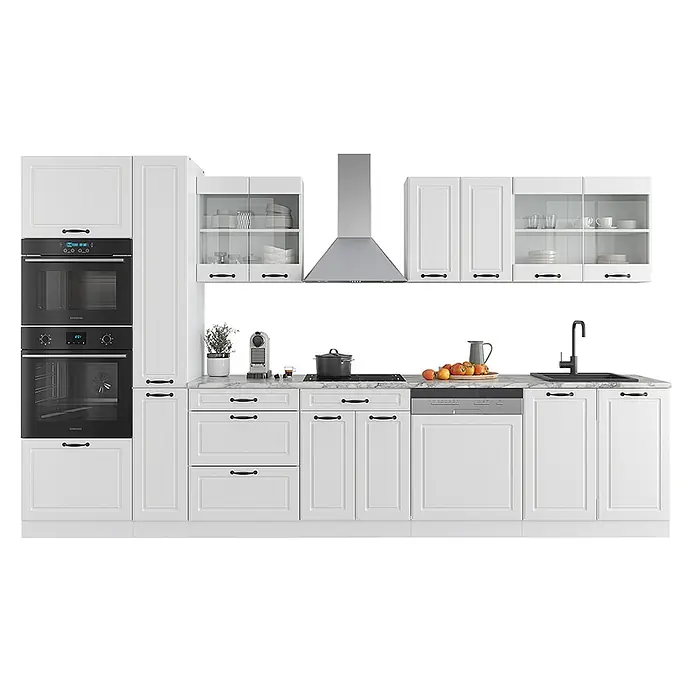 Vicco Küchenzeile R-Line Weiß Landhaus/Weiß mit Hochschrank, AP Eiche - Weiß Landhaus, Ohne Elektrogeräte - Weiße Küche mit schwarzen Griffen, Marmor-Arbeitsplatte und integrierten Geräten.
