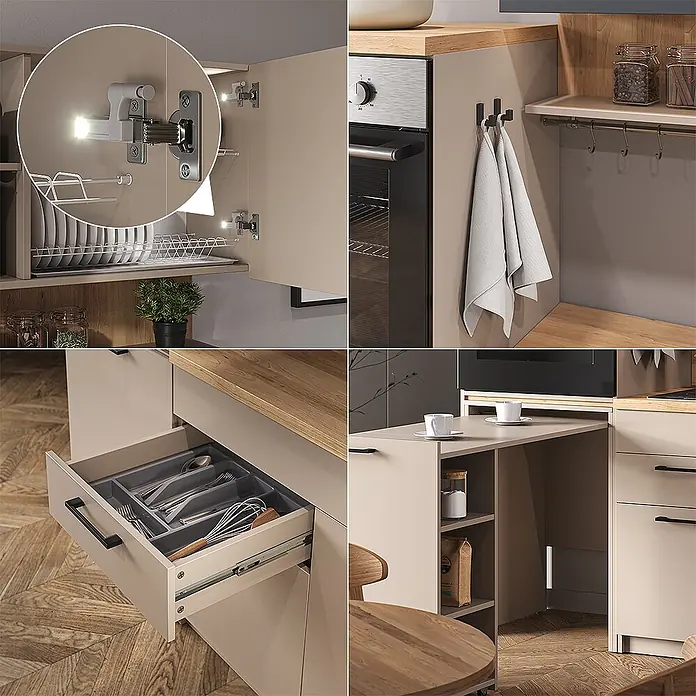 Vicco Singleküche Egbert Greige mit ausziehbarem Tisch - Breite: 160 cm, Greige, Mit AP Eiche - Moderne beige Küche mit Holzarbeitsplatten, cleverer Stauraum, integrierter Beleuchtung und ausziehbarem Tisch.