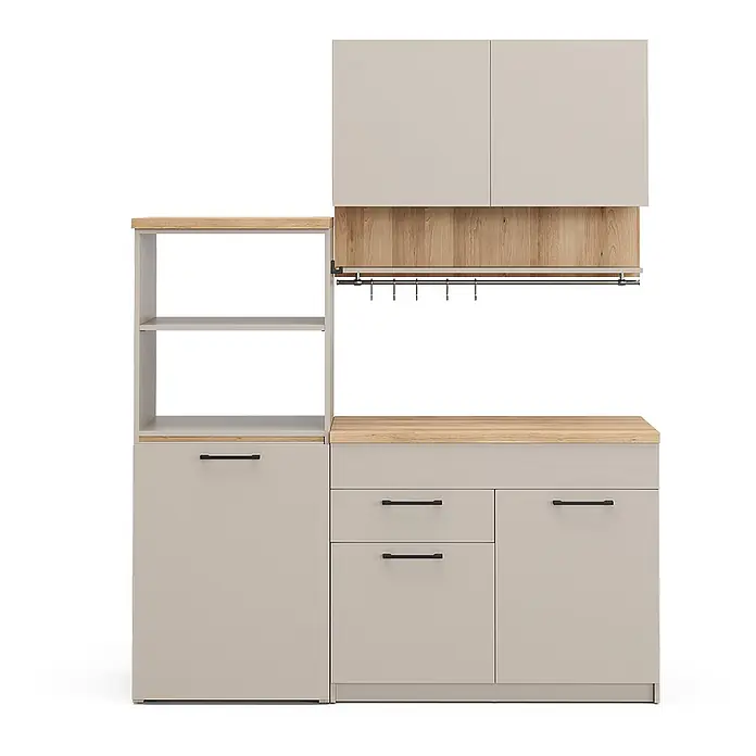 Vicco Singleküche Egbert Greige mit ausziehbarem Tisch - Breite: 160 cm, Greige, Mit AP Eiche - Modulare Kücheneinheit mit beigefarbenen Schränken, Holzoptik-Platten, offenen Regalen und Utensilienleiste.