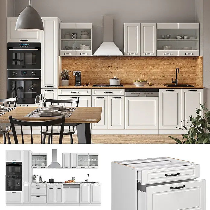 Vicco Küchenzeile R-Line Weiß Landhaus/Weiß mit Hochschrank, AP Marmor - Weiß Landhaus, Ohne Elektrogeräte - Weiße Küchenschränke mit schwarzen Griffen, Holzarbeitsplatten und integrierten Geräten. Eine komplette und funktionale Küche.