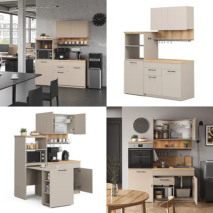 Vicco Singleküche Egbert Greige mit ausziehbarem Tisch - Breite: 160 cm, Greige, Mit AP Eiche - Helles beiges modulares Küchenschranksystem mit Holzapplikationen, gezeigt in verschiedenen Konfigurationen für Küche oder Büro.