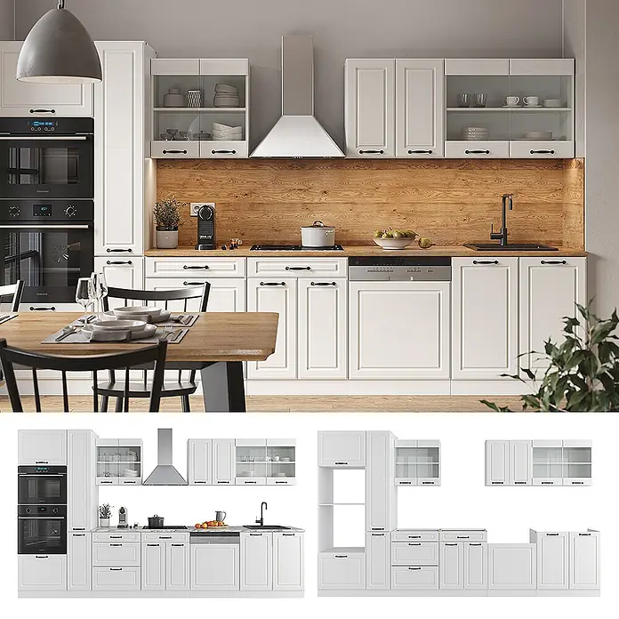 Vicco Küchenzeile R-Line Weiß Landhaus/Weiß mit Hochschrank, AP Eiche - Weiß Landhaus, Ohne Elektrogeräte - Weiße Modulküche mit Holzwandverkleidung, integrierten Geräten und schwarzen Griffen.