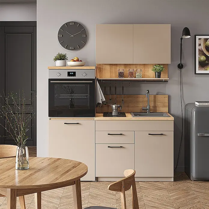 Vicco Singleküche Egbert Greige mit ausziehbarem Tisch - Breite: 160 cm, Greige, Mit AP Eiche - Kompakte beigefarbene Küchenzeile aus Holz mit integriertem Ofen, Kochfeld, Spüle und Schränken in modernem Wohnraum.