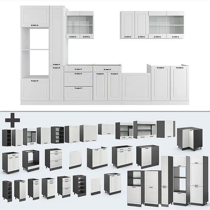 Vicco Küchenzeile R-Line Weiß Landhaus/Weiß mit Hochschrank, AP Eiche - Weiß Landhaus, Ohne Elektrogeräte - Weiße modulare Küchenanordnung mit separaten weißen und dunkelgrauen Komponenten.