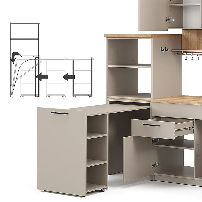 Vicco Singleküche Egbert Greige mit ausziehbarem Tisch - Breite: 160 cm, Greige, Mit AP Eiche - Modularer beigefarbener Schreibtisch mit Holzdetails, ausziehbaren Regalen auf Rollen und integriertem Stauraum mit Schubladen und Fächern.