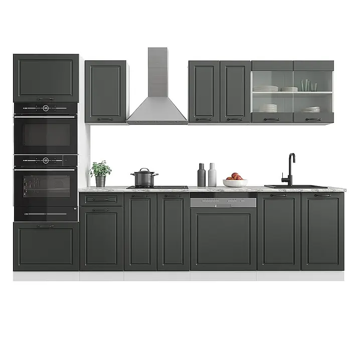 Vicco Küchenzeile R-Line, Anthrazit Landhaus, 300 cm -  - Dunkelgraue Modulküche mit schwarzen Einbaugeräten, weißer Marmorarbeitsplatte, Glasschränken und Edelstahlhaube.