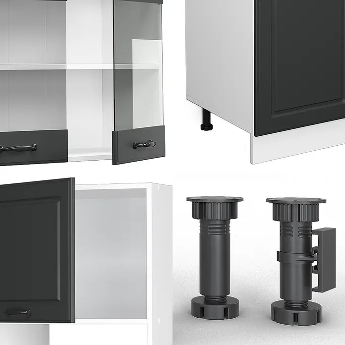 Vicco Küchenzeile R-Line, Anthrazit Landhaus, 300 cm -  - Modulare Küchenschrankelemente in Weiß und Anthrazit, mit verstellbaren schwarzen Möbelfüßen.