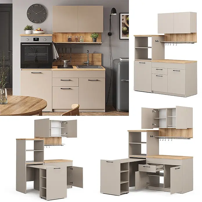Vicco Singleküche Egbert Greige mit ausziehbarem Tisch - Breite: 160 cm, Greige, Mit AP Eiche - Modulare Kompaktküchenzeile in Beige mit Holzplatten, Ofen, Kochfeld, Spüle und flexiblem Stauraum, inklusive ausziehbarer Schreibtischoption.
