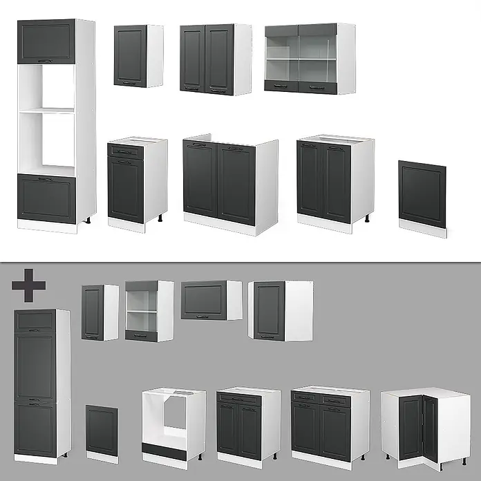 Vicco Küchenzeile R-Line, Anthrazit Landhaus, 300 cm -  - Sortiment dunkelgrauer Küchenschränke mit weißen Rahmen, inklusive Hoch-, Wand- und Unterschränken, teils mit Glastüren.