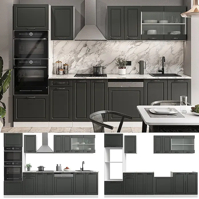 Vicco Küchenzeile R-Line, Anthrazit Landhaus, 300 cm -  - Dunkelgraue Modulküche mit integrierten Geräten, Glaskästen und weißen Marmorakzenten.