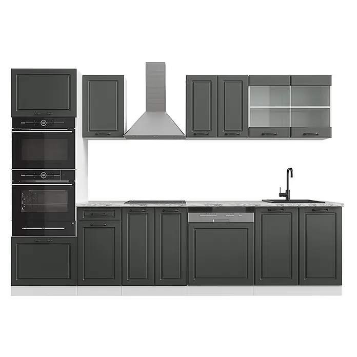 Vicco Küchenzeile R-Line Anthrazit Landhaus/Weiß mit Hochschrank, AP Marmor - Breite: 300 cm, Anthrazit Landhaus, Ohne Elektrogeräte - Moderne dunkelgraue Küchenschränke mit Einbaugeräten, Marmor-Arbeitsplatte und schwarzer Spüle und Armatur.