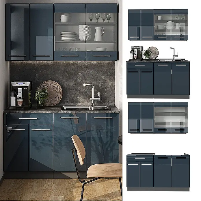 Vicco Singleküche Fame-Line Dunkelblau Hochglanz/Anthrazit, AP Anthrazit - Breite: 140 cm, Dunkelblau Hochglanz, Mit AP Anthrazit - Modulare Küchenzeile in glänzendem Dunkelblau mit Spüle und Oberschränken mit Glastüren.