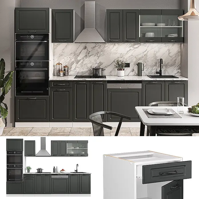 Vicco Küchenzeile R-Line, Anthrazit Landhaus, 300 cm -  - Dunkelgraues modulares Küchenschrank-Set mit integrierten Öfen, Geschirrspüler und Spüle, mit klassischen Kassettentüren.
