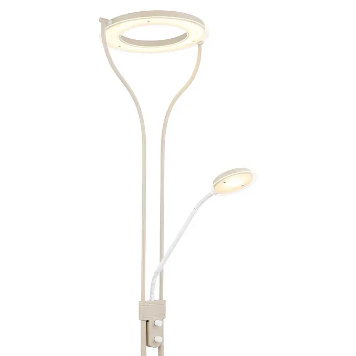 Globo LED-Deckenfluter Ebro - 20 W, Höhe: 1.940 mm - Helle, cremefarbene Stehlampe mit großem Ringlicht und kleinerer, verstellbarer Leselampe. Mit integrierten Bedienelementen am Ständer.
