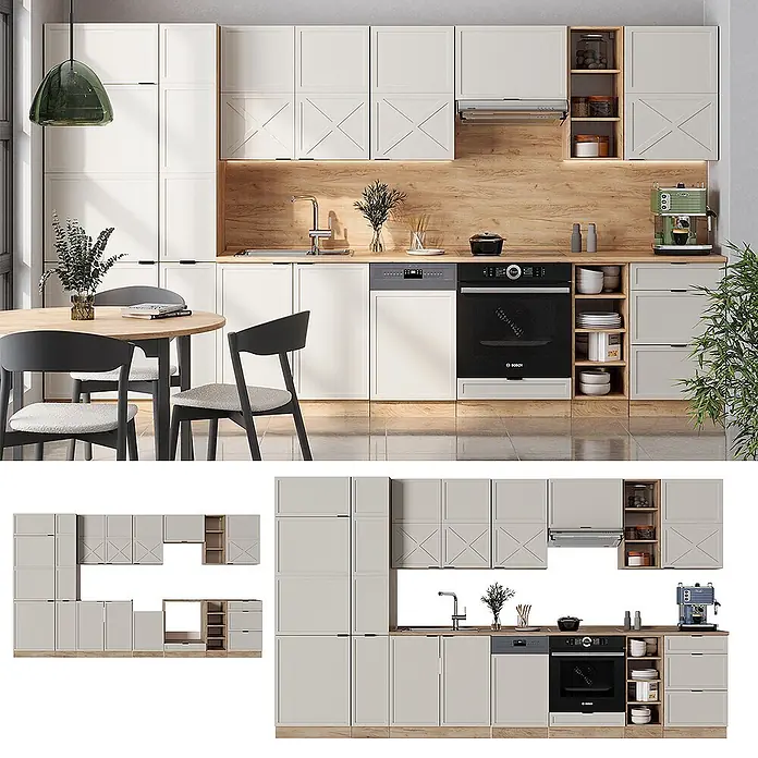 Vicco Küchenzeile Fame-Line GrauBeige/Goldkraft Eiche, AP Anthrazit - Breite: 355 cm, GrauBeige, Ohne Elektrogeräte - Off-white Küche mit Holzwand und Arbeitsplatten, integrierten Geräten und Essbereich. Verfügt über reichlich Stauraum.