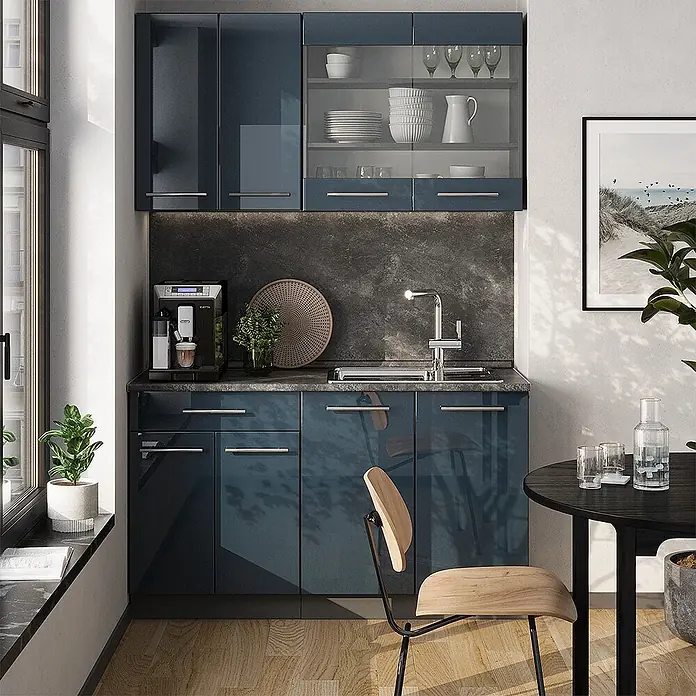 Vicco Singleküche Fame-Line Dunkelblau Hochglanz/Anthrazit, AP Anthrazit - Breite: 140 cm, Dunkelblau Hochglanz, Mit AP Anthrazit - Moderne, glänzend petrolblaue Küchenzeile mit Spüle und Kaffeemaschine.
