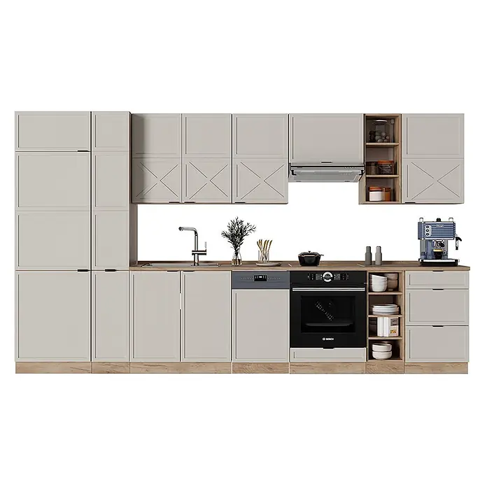 Vicco Küchenzeile Fame-Line GrauBeige/Goldkraft Eiche, AP Anthrazit - Breite: 355 cm, GrauBeige, Ohne Elektrogeräte - Moderne hellgraue Küche mit Schranktüren im Shaker-Stil, Holzarbeitsplatte, integriertem Backofen, Geschirrspüler, Spüle und Kaffeemaschine.