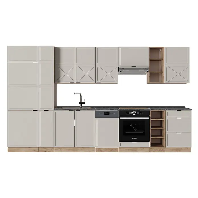 Vicco Küchenzeile Fame-Line GrauBeige/Goldkraft Eiche, AP Anthrazit - Breite: 355 cm, GrauBeige, Ohne Elektrogeräte - Helle beige Küchenzeile mit Holzsockel, dunkler Arbeitsplatte, integrierter Spüle, Geschirrspüler und Backofen.