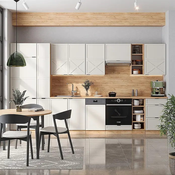 Vicco Küchenzeile Fame-Line GrauBeige/Goldkraft Eiche, AP Anthrazit - Breite: 355 cm, GrauBeige, Ohne Elektrogeräte - Moderne Küche mit weißen Schränken, Holzrückwand, integrierten Geräten und Essbereich. Grüne Pendelleuchte und heller Holztisch.