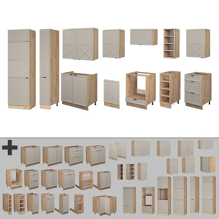 Vicco Küchenzeile Fame-Line GrauBeige/Goldkraft Eiche, AP Anthrazit - Breite: 355 cm, GrauBeige, Ohne Elektrogeräte - Modulare Küchenschränke mit hellem Holzdekor und hellgrauen Türen, teils mit X-Muster.