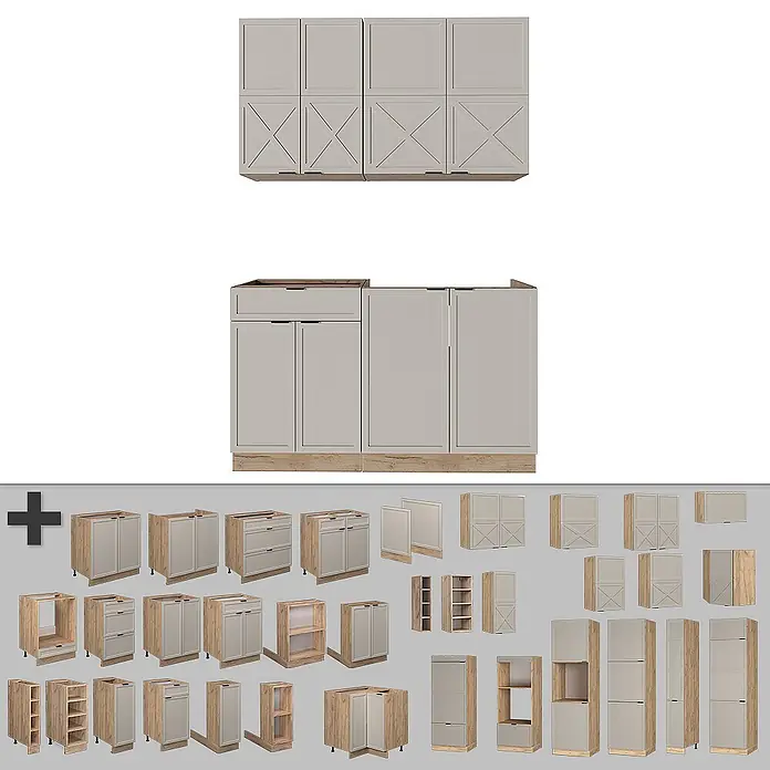 Vicco Singleküche Fame-Line GrauBeige/Goldkraft Eiche ohne Arbeitsplatte - Breite: 140 cm, GrauBeige, Ohne AP - Hellgraue Küchenschränke mit Holzoptik-Sockel und Zierpaneelen, als montierte Einheiten und Einzelmodule dargestellt.