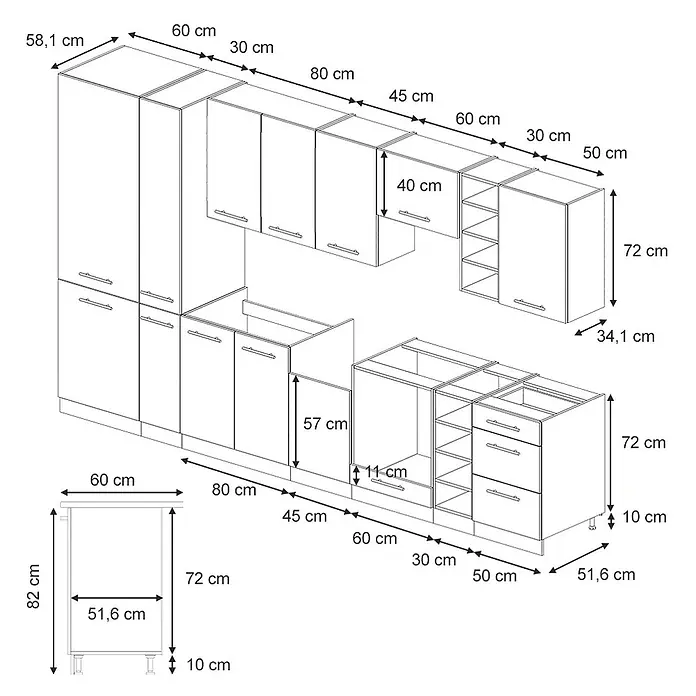 Vicco Küchenzeile Fame-Line Eiche Paneel/Anthrazit, AP Anthrazit - Breite: 355 cm, Eiche Paneel, Ohne Elektrogeräte - Diagramm mit verschiedenen Küchenschrankmodulen und detaillierten Maßen für Höhe, Breite und Tiefe.