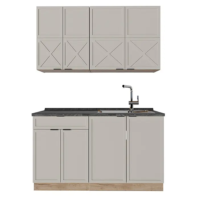 Vicco Singleküche Fame-Line GrauBeige/Goldkraft Eiche, AP Anthrazit - Breite: 140 cm, GrauBeige, Mit AP Anthrazit - Hellgraue Küchenschränke: obere Elemente mit glatten und Kreuzplatten, untere Elemente mit dunkler Arbeitsplatte, Spüle und Holzsockel.