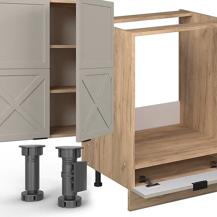 Vicco Küchenzeile Fame-Line GrauBeige/Goldkraft Eiche, AP Anthrazit - Breite: 355 cm, GrauBeige, Ohne Elektrogeräte - Modulare Küchenschrankkomponenten: heller Holzrahmen, beigefarbener Schrank mit Scheunentor-Fronten und dunkelgraue verstellbare Füße.