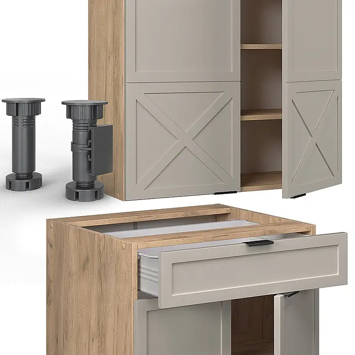 Vicco Singleküche Fame-Line GrauBeige/Goldkraft Eiche ohne Arbeitsplatte - Breite: 140 cm, GrauBeige, Ohne AP - Modulare Küchenschrankkomponenten mit hellgrauen Fronten, Holzoptikrahmen und dunkelgrauen verstellbaren Füßen.