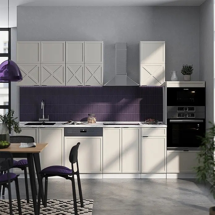 Vicco Küchenzeile Fame-Line GrauBeige/Weiß mit Hochschrank, AP Eiche - Breite: 300 cm, GrauBeige, Ohne Elektrogeräte - Moderne Küche mit hellbeigen Schränken, dunkelvioletter Fliesenrückwand, integriertem Geschirrspüler und Öfen, sowie einer Edelstahl-Dunstabzugshaube.