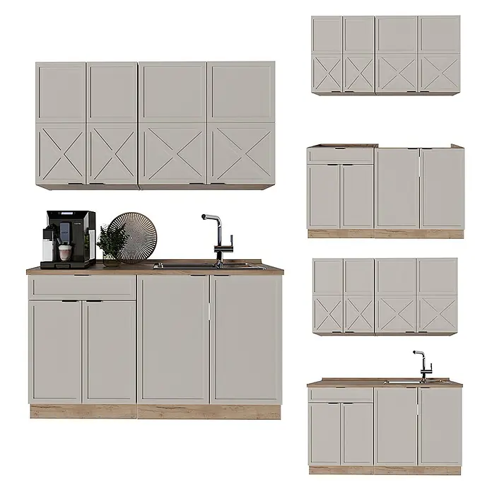 Vicco Singleküche Fame-Line GrauBeige/Goldkraft Eiche ohne Arbeitsplatte - Breite: 140 cm, GrauBeige, Ohne AP - Helles, graues, modulares Küchenschrank-Set mit Holzoptik-Sockel und Arbeitsplatte, Ober- und Unterschränke.