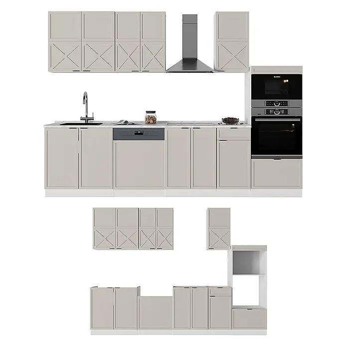 Vicco Küchenzeile Fame-Line GrauBeige/Weiß mit Hochschrank, AP Eiche - Breite: 300 cm, GrauBeige, Ohne Elektrogeräte - Helle, beige modulare Küchenmöbel mit Spüle, Geschirrspüler, Ofen, Mikrowelle und Dunstabzugshaube. Mit X-Muster Türen.