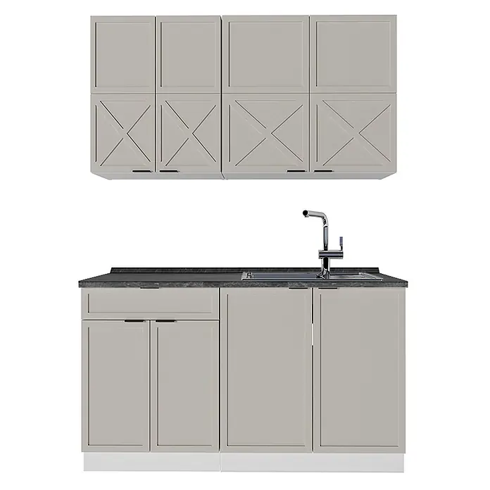 Vicco Singleküche Fame-Line GrauBeige/Weiß, AP Anthrazit - Breite: 140 cm, GrauBeige, Mit AP Anthrazit - Hellgraue Küchenzeile mit Shaker-Stil Unterschranktüren, oberen X-Schranktüren, dunkler Arbeitsplatte, Spüle und Armatur.