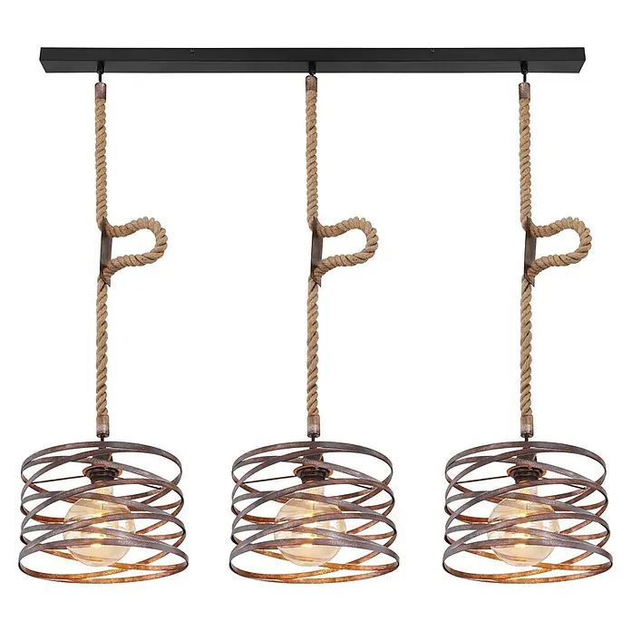 Globo Pendelleuchte Marco - L x B x H: 115 x 28 x 120 cm, Braun, E27 - Drei industrielle Pendelleuchten mit Seilaufhängung an schwarzer Stange, spiralen Metallkäfigen in Rostoptik und beleuchteten Glühbirnen.