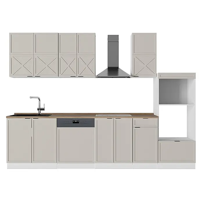 Vicco Küchenzeile Fame-Line GrauBeige/Weiß mit Hochschrank, AP Eiche - Breite: 300 cm, GrauBeige, Ohne Elektrogeräte - Moderne Modulküche mit hellbeigen Schränken, Holzoptik-Arbeitsplatte, schwarzer Spüle, Geschirrspüler und Dunstabzugshaube.