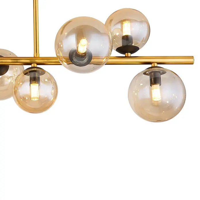 Globo Riha LED-Deckenleuchte - 3,5 W, L x B x H: 87 x 28 x 37 cm, Warmweiß - Goldfarbener Kronleuchter mit mehreren bernsteinfarbenen Glaskugeln und beleuchteten Glühbirnen.
