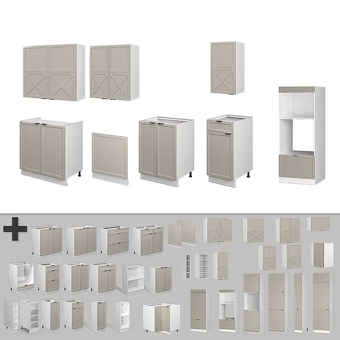 Vicco Küchenzeile Fame-Line GrauBeige/Weiß mit Hochschrank, AP Eiche - Breite: 300 cm, GrauBeige, Ohne Elektrogeräte - Modulares Küchenschranksystem mit hellbeigen Türen und weißen Rahmen; Unter-, Ober- und Hochschränke.