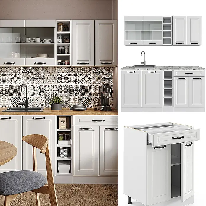 Vicco Singleküche R-Line Weiß Landhaus/Weiß, AP Eiche - Breite: 160 cm, Weiß Landhaus, Mit AP Eiche - Weiße modulare Küchenschränke mit Kassettentüren und schwarzen Griffen, in einer Küche und als Einzelteile dargestellt.
