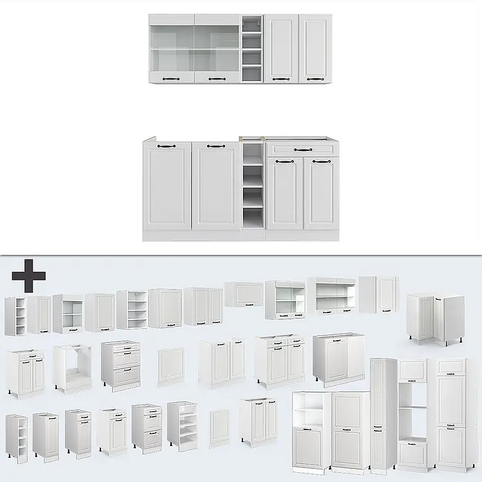 Vicco Singleküche R-Line Weiß Landhaus/Weiß, AP Eiche - Breite: 160 cm, Weiß Landhaus, Mit AP Eiche - Modulare weiße Küchenschränke mit Rahmenfronten und schwarzen Griffen, mit diversen Unter- und Oberschränken.