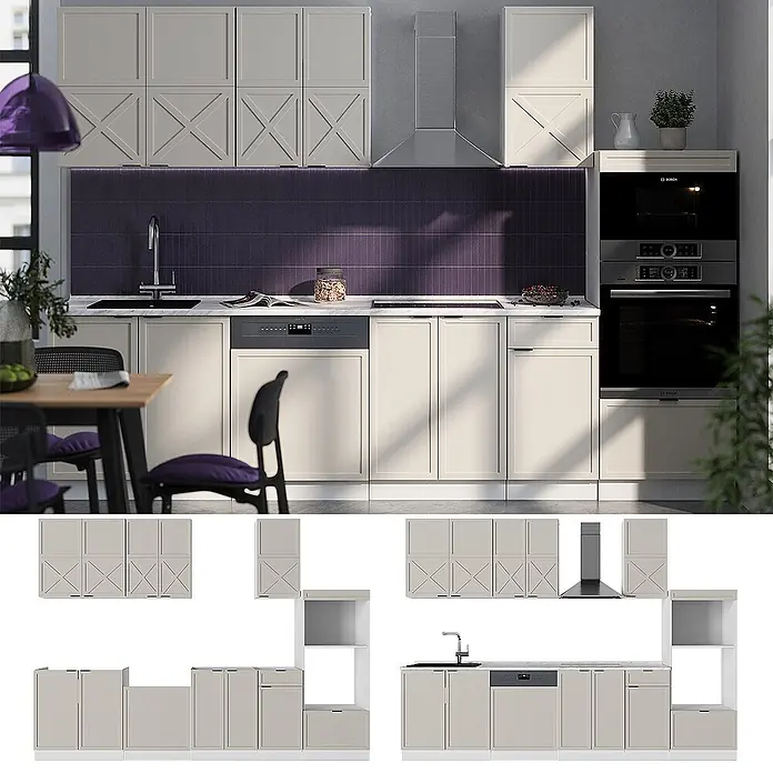 Vicco Küchenzeile Fame-Line GrauBeige/Weiß mit Hochschrank, AP Eiche - Breite: 300 cm, GrauBeige, Ohne Elektrogeräte - Helle modulare Küchenmöbel mit X-Panel-Schränken, integriertem Geschirrspüler, Backofen und Kochfeld in moderner Küche.