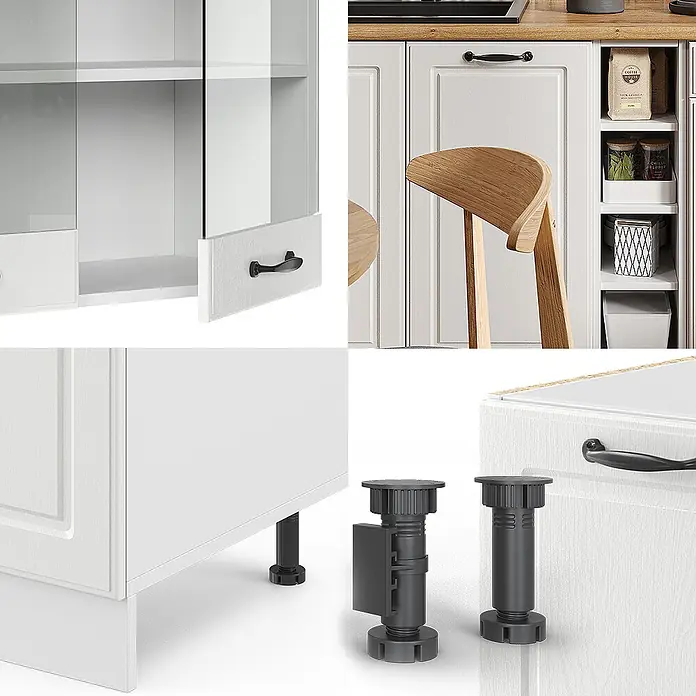 Vicco Singleküche R-Line Weiß Landhaus/Weiß, AP Eiche - Breite: 160 cm, Weiß Landhaus, Mit AP Eiche - Weiße Küchenschränke mit schwarzen Griffen, Glastüren und verstellbaren Füßen. Zeigt Ober- und Unterschränke für eine moderne Küche.
