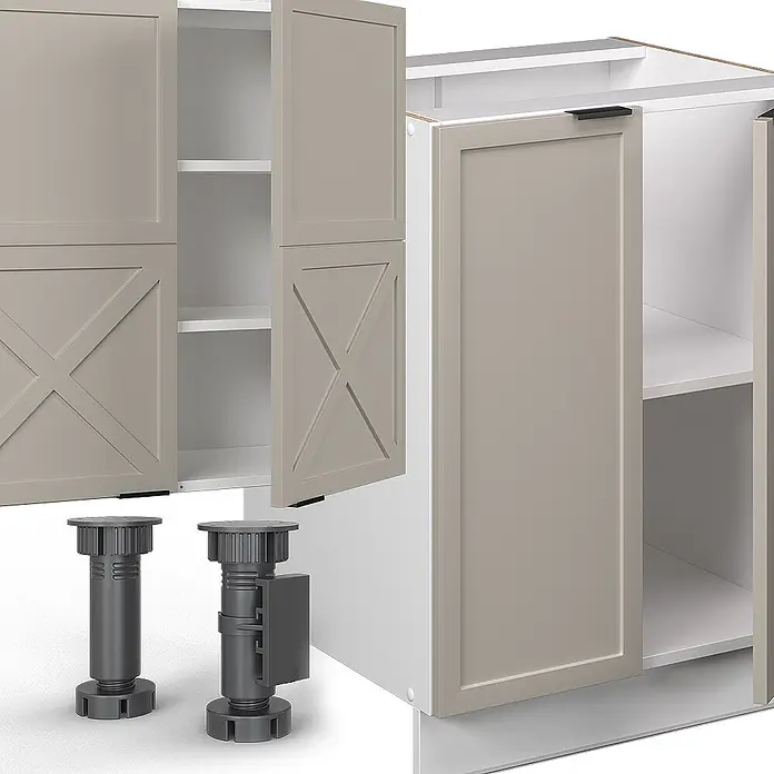 Vicco Küchenzeile Fame-Line GrauBeige/Weiß mit Hochschrank, AP Eiche - Breite: 300 cm, GrauBeige, Ohne Elektrogeräte - Helle taupefarbene Küchenschränke mit weißen Regalböden und dunkelgrauen verstellbaren Füßen.