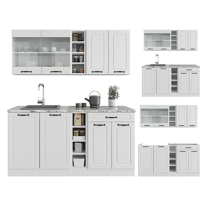 Vicco Singleküche R-Line Weiß Landhaus/Weiß, AP Eiche - Breite: 160 cm, Weiß Landhaus, Mit AP Eiche - Weiße Küchenschränke mit schwarzen Griffen, Glastüren, offenen Regalen und einer Marmorarbeitsplatte mit Spüle. Modulares Design.