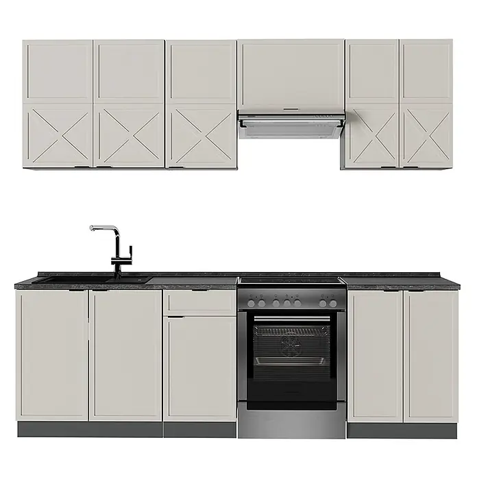 Vicco Küchenzeile Fame-Line GrauBeige/Anthrazit, AP Anthrazit - Breite: 240 cm, GrauBeige, Ohne Elektrogeräte - Helle beige Küche mit dunkelgrauer Arbeitsplatte, Spüle, Backofen, Kochfeld und Dunstabzugshaube. Oberschränke mit glatten und X-förmigen Türen.