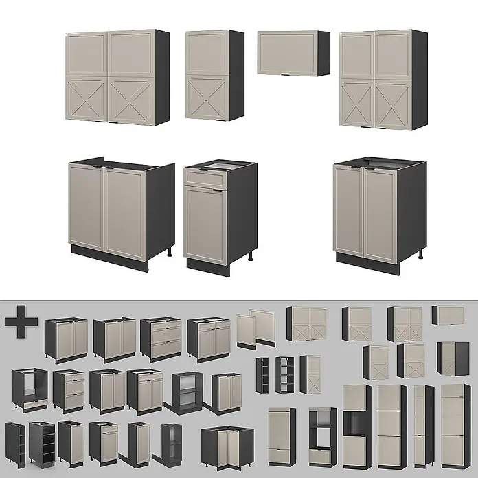 Vicco Küchenzeile Fame-Line GrauBeige/Anthrazit, AP Anthrazit - Breite: 240 cm, GrauBeige, Ohne Elektrogeräte - Modulare Küchenschränke in Hellbeige mit dunkelgrauen Rahmen, darunter Wand-, Unter- und Hochschränke, teils mit Türen, Schubladen oder offenen Regalen.