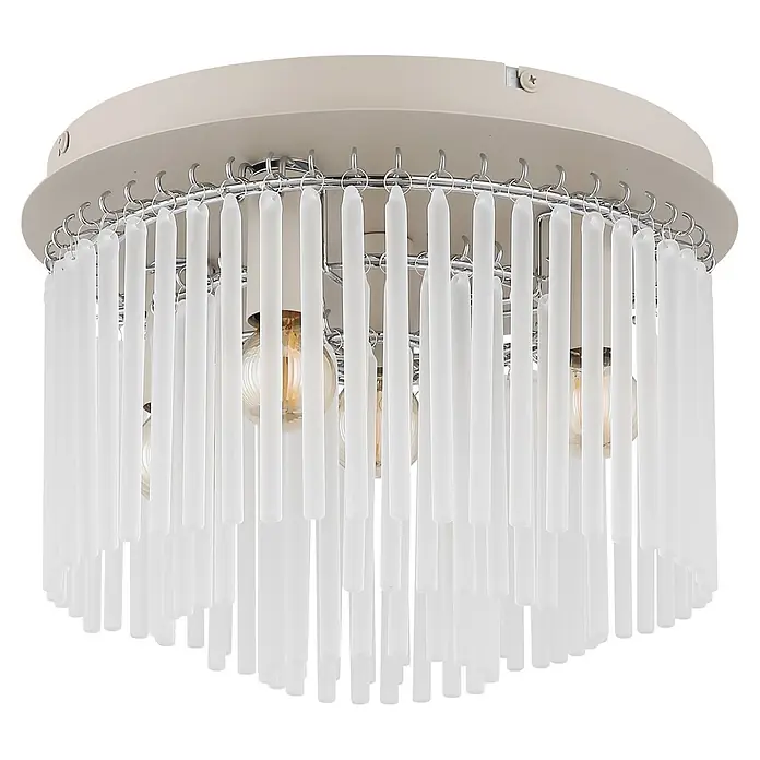 Globo Deckenleuchte rund Gorley - 40 W, Ø x H: 32 x 23 cm, Sandfarben, E14 - Runde beigefarbene Deckenleuchte mit Chromringen und satinierten weißen Glasstäben, die warmweiße Glühbirnen enthüllen.